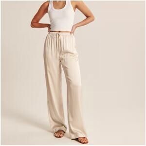 Abercrombie Pants Womens Small Long Cream Ivory Satin Wide Leg Silky Drawstring